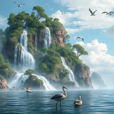 The primary subject of the image is a bird standing in the water, surrounded by a beautiful and serene environment. The bird is positioned in the foreground, with a mountainous landscape in the background. The setting includes a waterfall, a rocky island, and a few birds flying in the sky. The visual style of the image is a combination of photo and digital art, creating a realistic yet artistic representation of the scene. The colors and mood of the image are predominantly blue and green, with a sense of